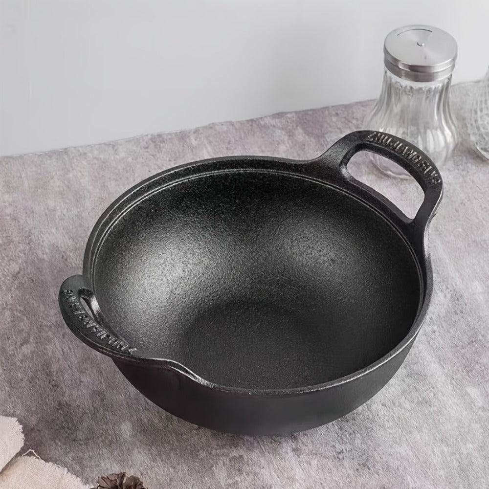 Cast Iron Wok Skillet Non-Stick Deep Stir Fry Pan with Dual Handles - Heavy Duty Uncoated Traditional Cooking Pot Multi-Size 9.84 10.62 11.81 12.59 Inch for Home Outdoor Grilling Baking