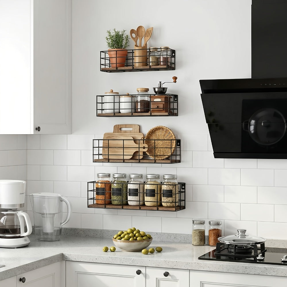 Floating Wall Shelves Set, Wall Mounted Storage Shelf Organizer for Bathroom Bedroom Living Room Kitchen, Multi-Size Space-Saving Wall Rack Decor