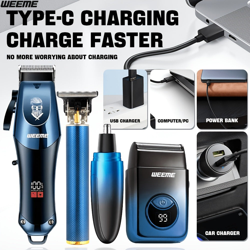 Electric Shaver Grooming Set for Men Hair Clipper Nose Trimmer Razor DIY Barber Kit USB Rechargeable 2 4 Piece Set Gift for Husband Dad Blue Gold White Green