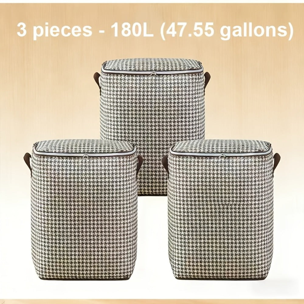 Large Storage Bags Houndstooth Non-Woven Fabric Organizer with Double Zipper & Handles ¨C 160L/180L Dustproof Foldable Storage Box for Bedroom, Closet, Moving, Travel & Dorm, 1pc or 3pcs Set