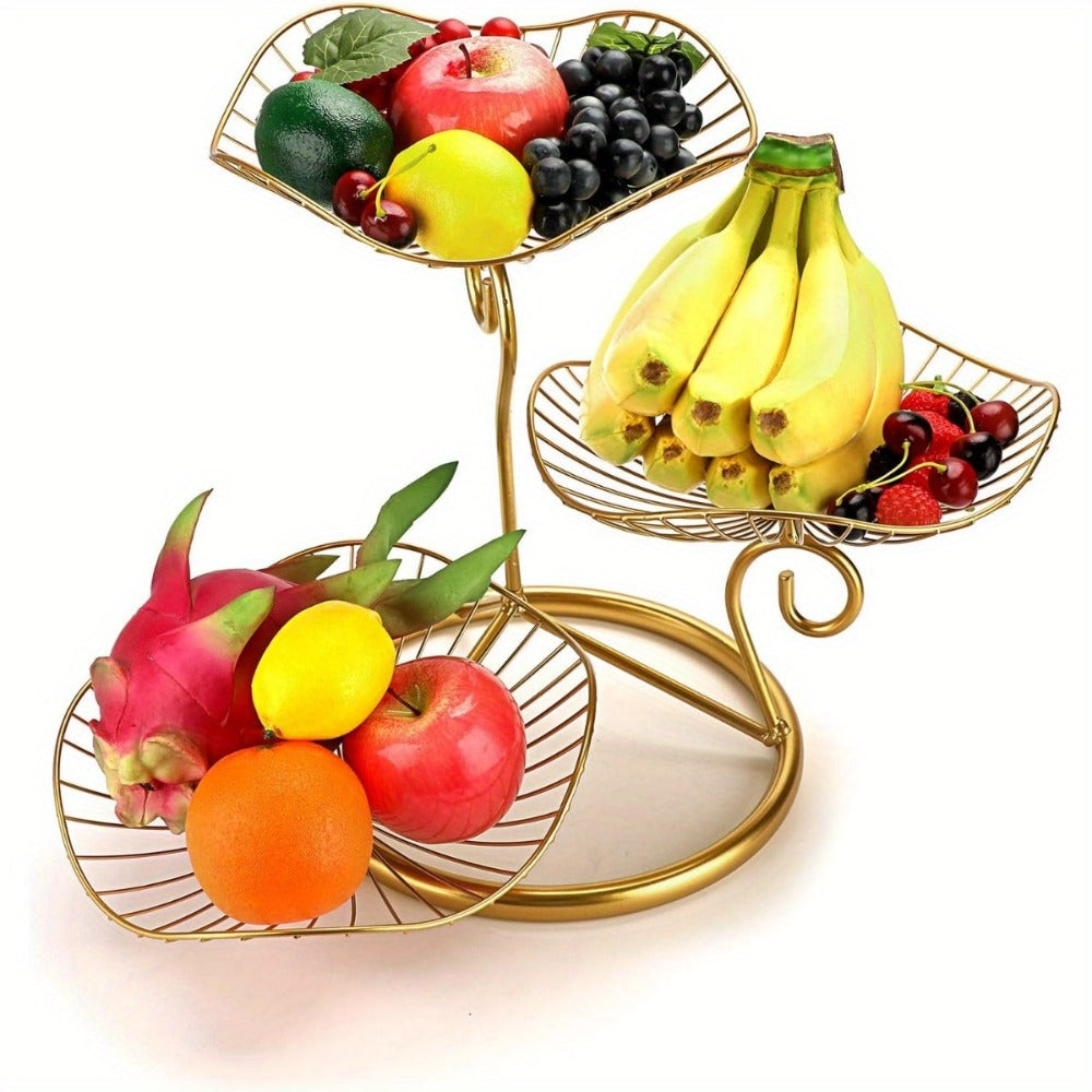 Fruit Basket Stand 3-Tier Decorative Iron Metal Wire Fruit Bowl with Lotus Leaf Design, Countertop Holder for Fruits Vegetables Bread Snacks, Modern Home Kitchen Table Centerpiece Organizer Gold