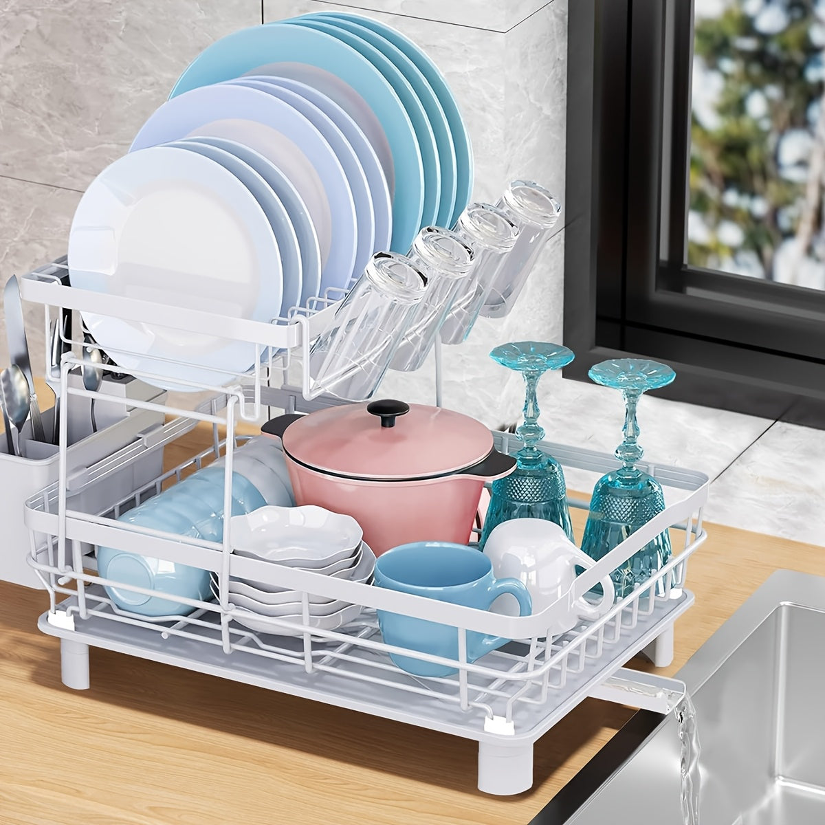 Dish Drying Rack 2-Tier Large Capacity Stainless Steel Detachable Dish Drainer for Kitchen Counter with Utensil Holder and Drain Board in Black White Gray