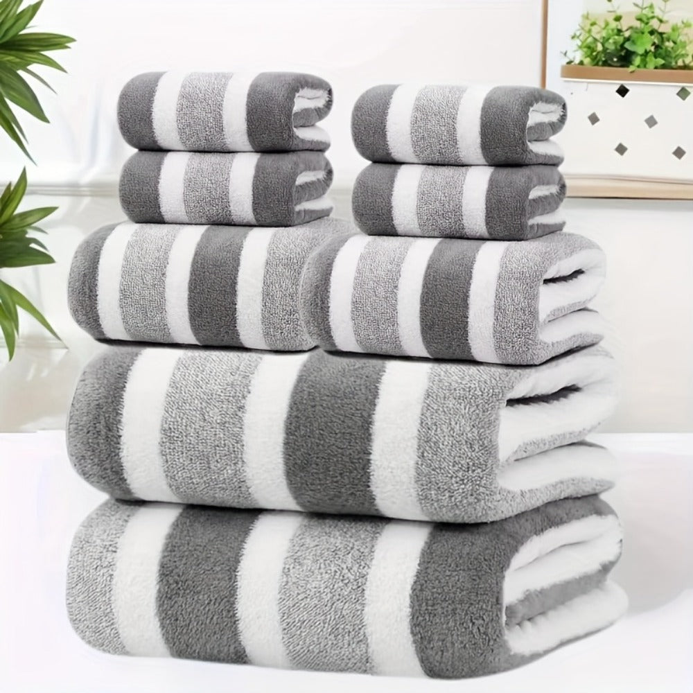 Towel Set 8 Piece Two-Color Striped - Super Absorbent Soft No Hair Loss Bath Towel Combo | 2 Bath Towels 2 Face Towels 4 Hand Towels | Grey Red Blue Green | Bathroom Family Hotel Spa Gift Set