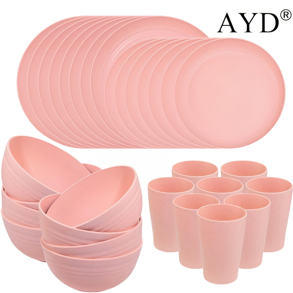 Wheat Straw Dinnerware Set 16 or 32 Piece ¨C Plates & Bowls for 4 or 8 People, Microwave & Dishwasher Safe Plastic Dish Set, Lightweight Colorful Tableware for Home, Party & Holiday