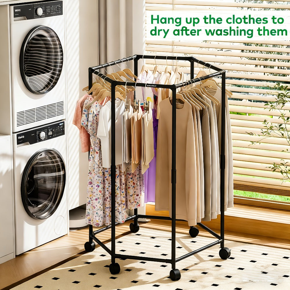 Hexagonal Clothes Drying Rack Freestanding Rotating Metal Garment Rack with Wheels Multiple Rods Space Saving Coat Rack for Bedroom Dorm Balcony Laundry