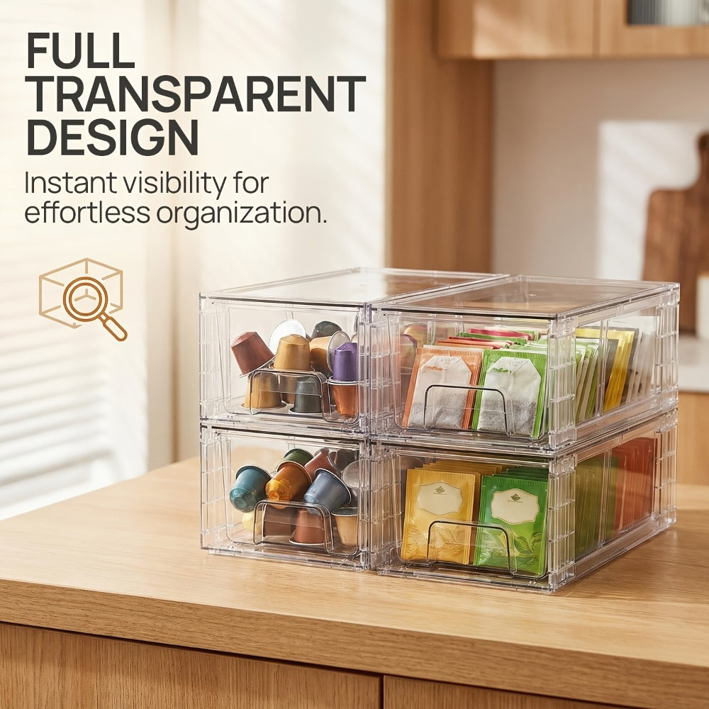 Clear Acrylic Storage Drawers with Handles - Stackable Refrigerator and Pantry Organizer Bins for Snacks Fruits and Vegetables, Food Safe Pull-Out Drawer Bins for Fridge Kitchen Cabinet Under Sink and Bathroom, Available in 4, 6, 8 or 10 Pack
