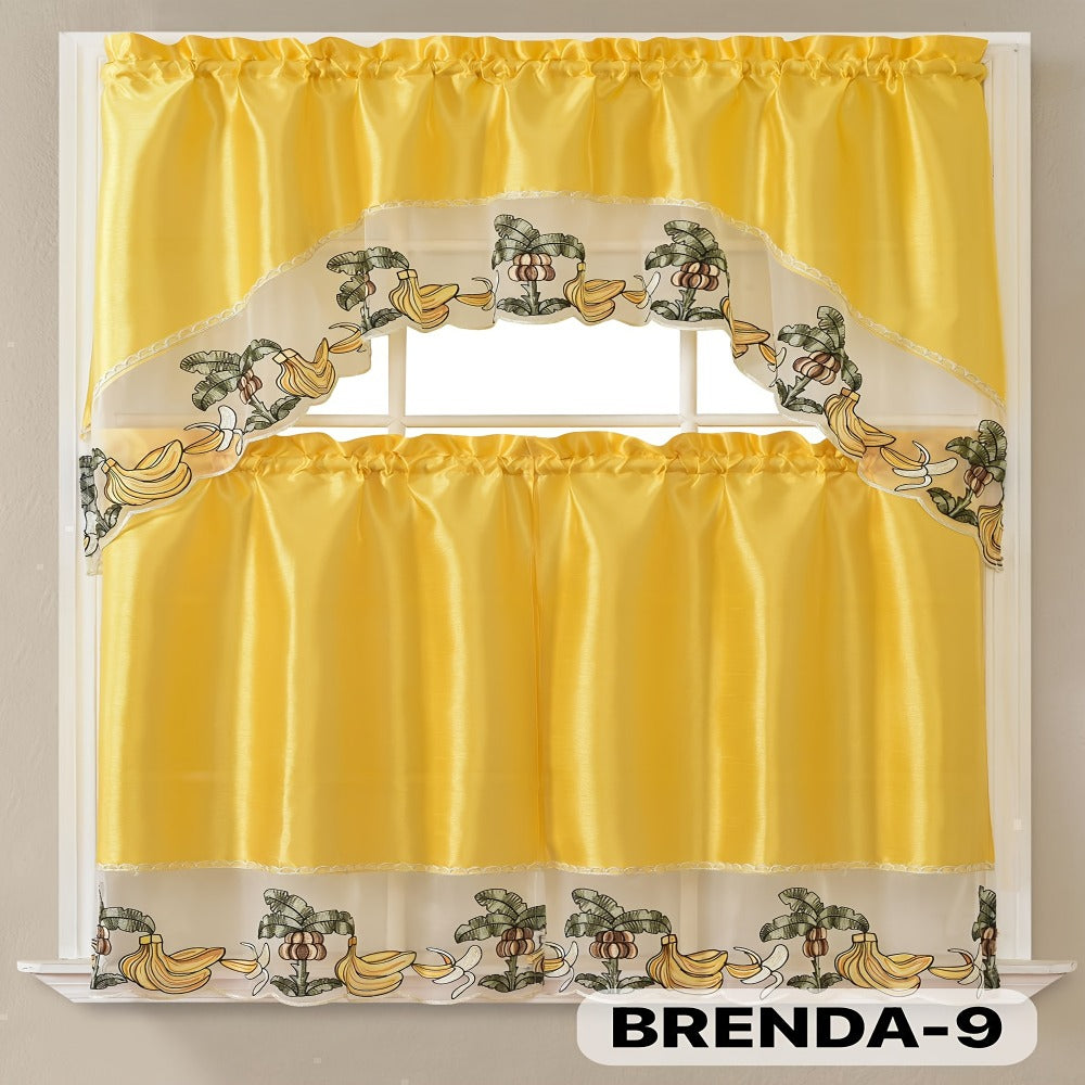 Kitchen Curtains 3 Piece Set Embroidered Satin Valance and Tiers - Rod Pocket Light Filtering Machine Washable 46 Colors Available All Season Home Decor