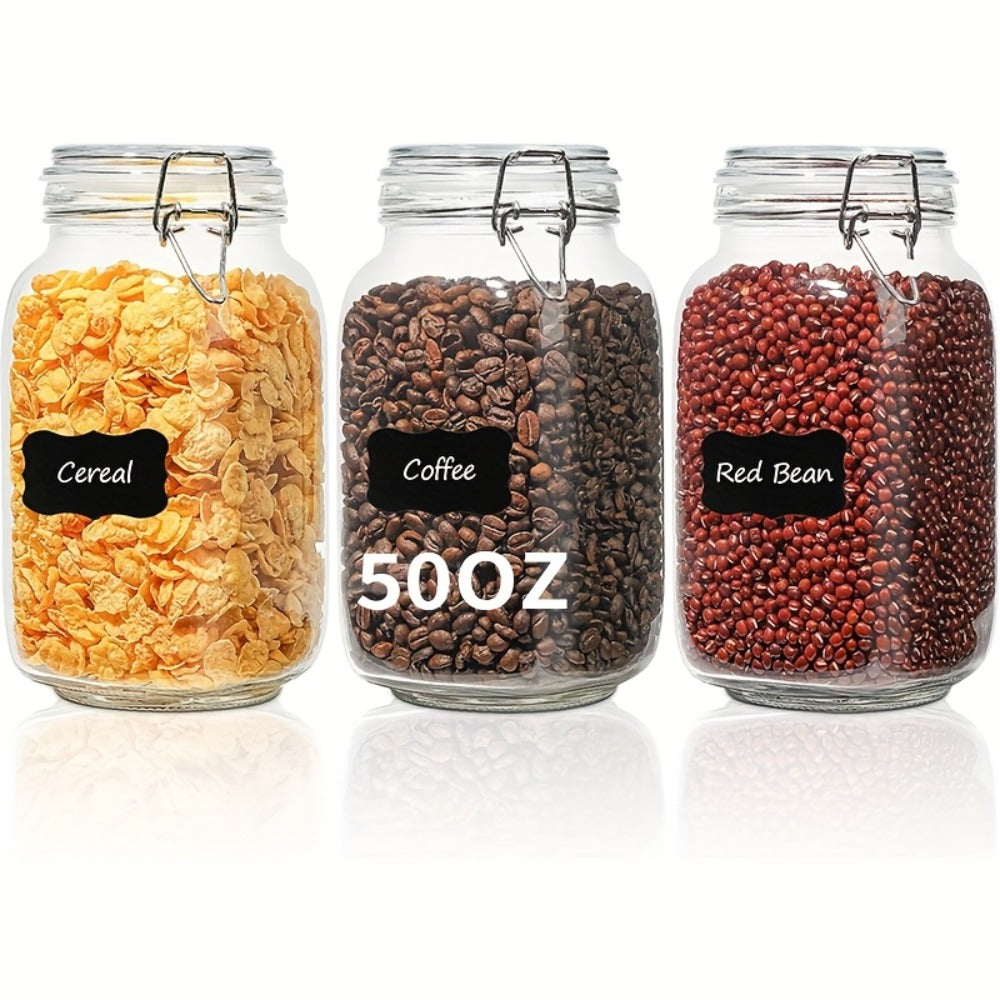 Airtight Glass Storage Jars with Lids 3-Pack 50 OZ, Square Food Canisters for Kitchen Pantry Organization, Mason Jar Containers for Sugar Flour Cereal Coffee