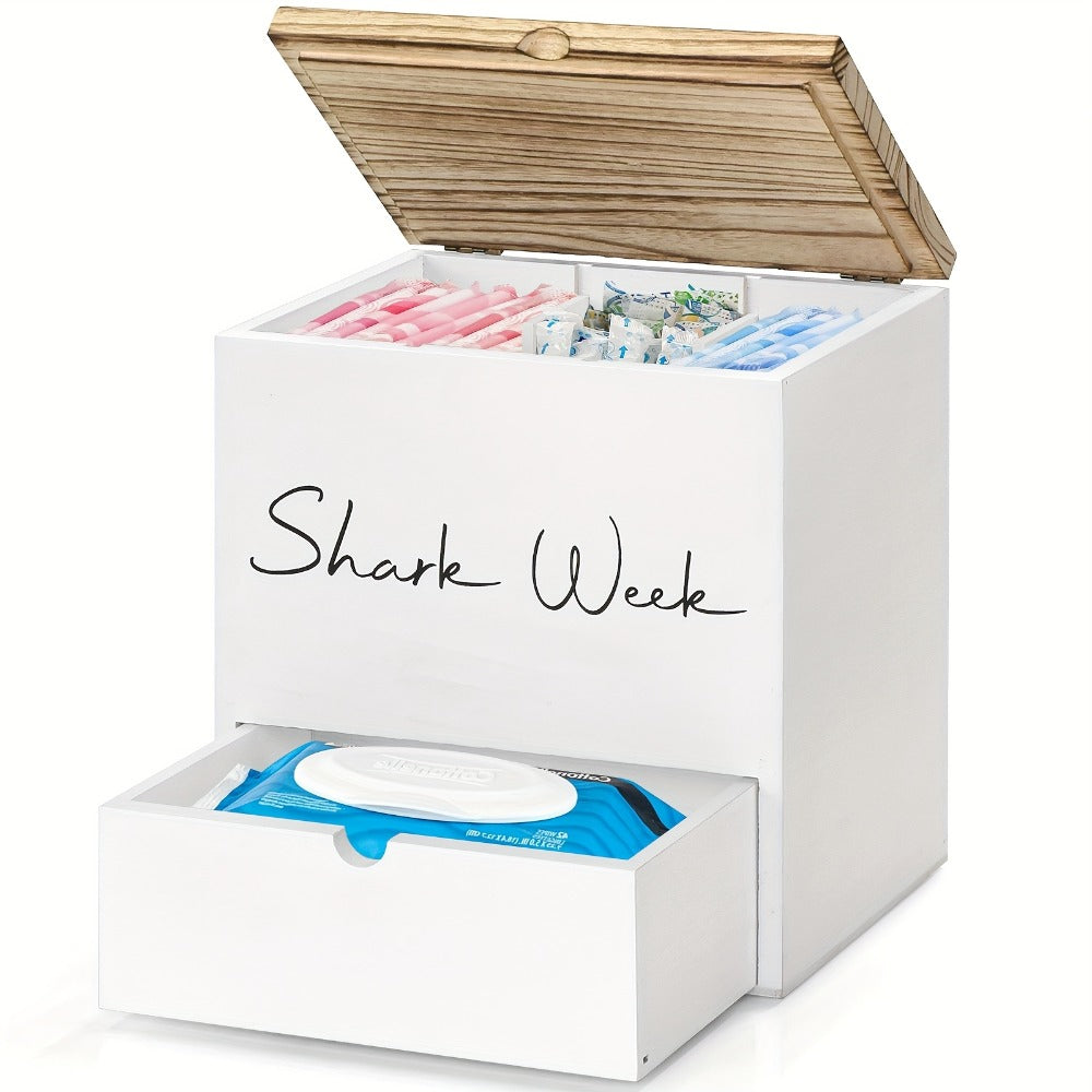 Tampon & Pad Organizer Box with Lid - Wooden Bathroom Storage Bin with Drawer, 3-Compartment Feminine Products Caddy, Farmhouse Bathroom Decor