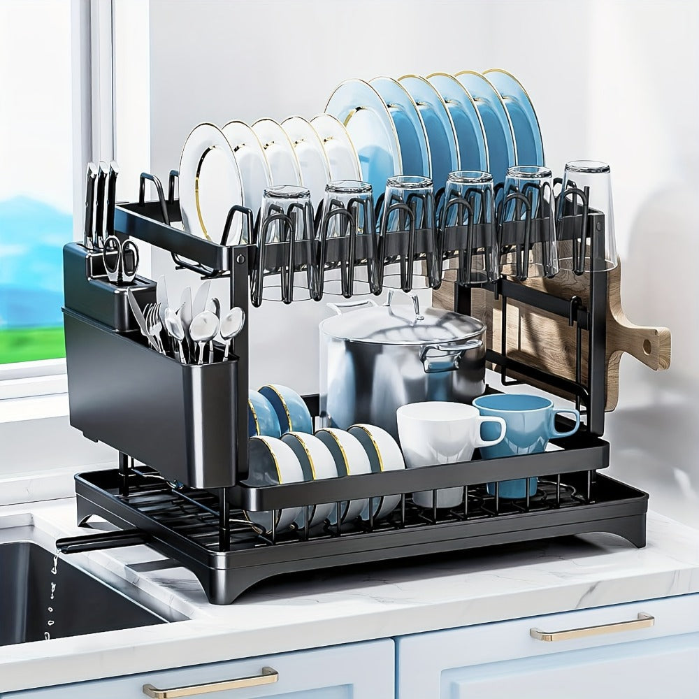Dish Drying Rack 2 Tier with Drainboard for Kitchen Counter Metal Dish Drainer with Utensil Holder Cups Organizer Space Saving Kitchen Drying Rack Black White