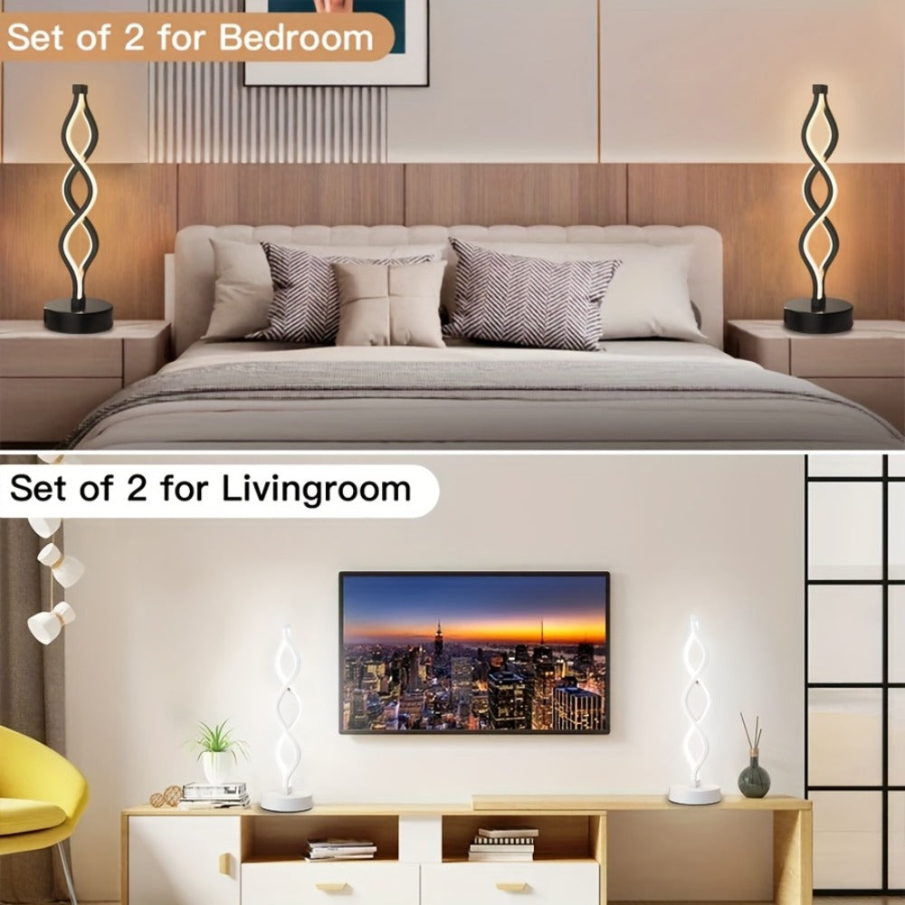 Spiral LED Table Lamp ¨C Modern Minimalist Wave Dimmable Desk Lamp, 3 Color Temperatures, USB Charging, Metallic Base, Creative Curved Night Light for Bedroom Living Room Office Study (1pc / 2pc / Wooden)