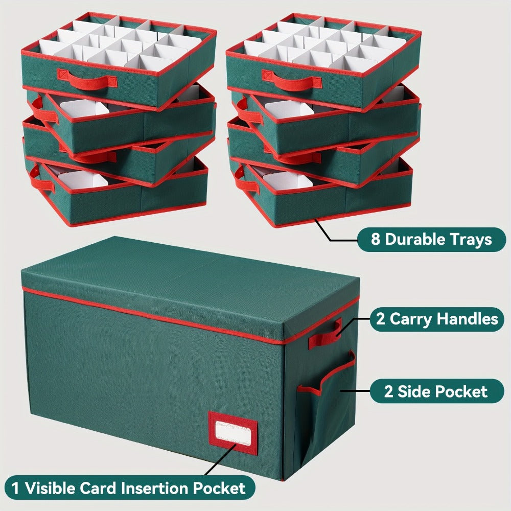Christmas Ornament Storage Box 128 Slots 8 Trays Stackable Large Capacity Holiday Organizer with Lid Side Open Adjustable Dividers Removable Trays Red Green