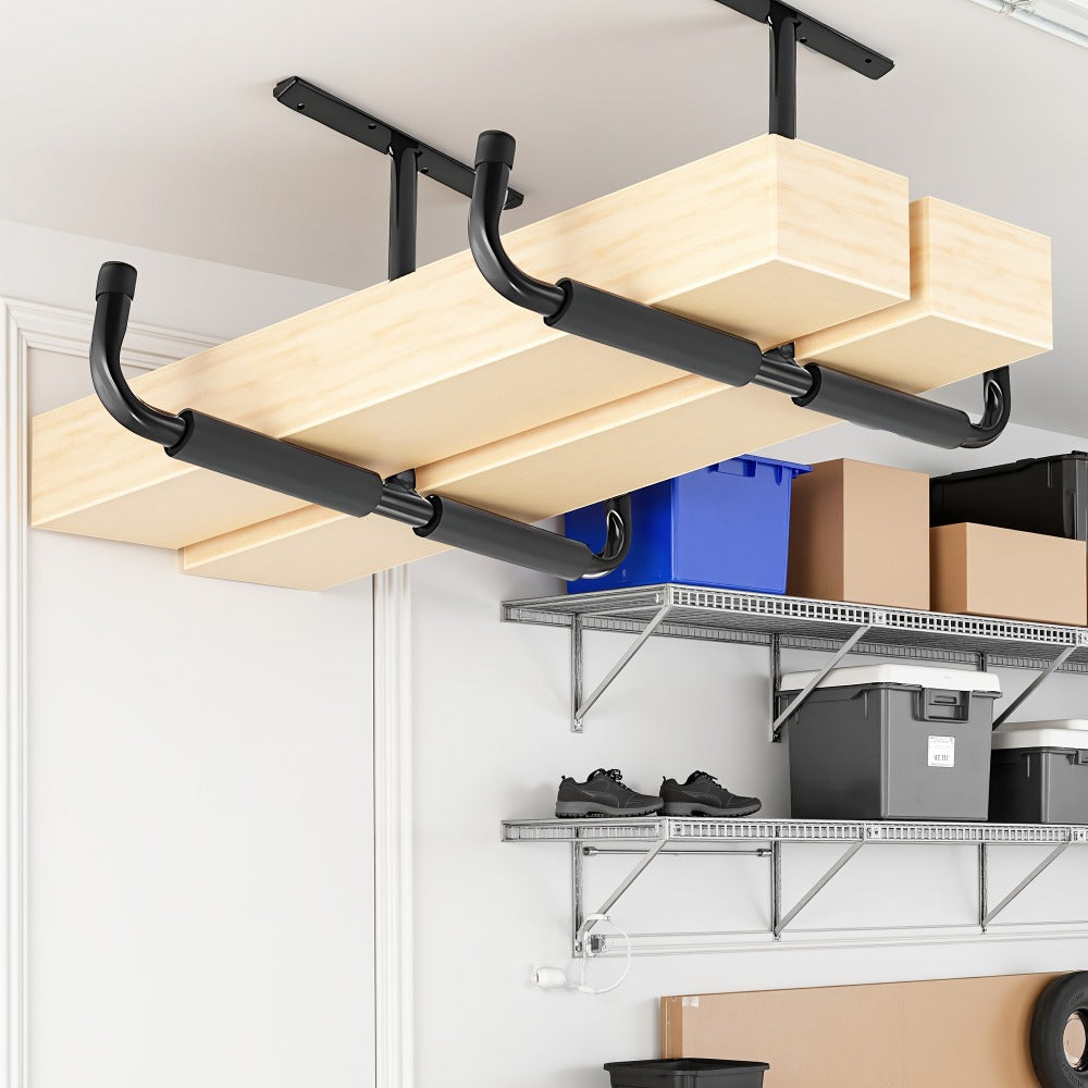 Heavy-Duty Ceiling Garage Storage Hook Rack ¨C Overhead Ladder Hanger with Anti-Slip Foam, Space-Saving Ceiling Mount for Ladders, Hoses & Tools, 2/4pcs