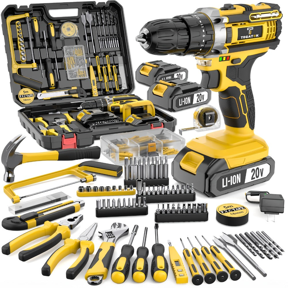 Cordless Drill Set 20V - Tegatok Impact Drill Kit with 45Nm Torque, 23-Speed Settings, LED Light, 2.0Ah Battery & Fast Charger, 58/136/145pcs Accessories for Home Renovation, Woodworking & Metal Drilling