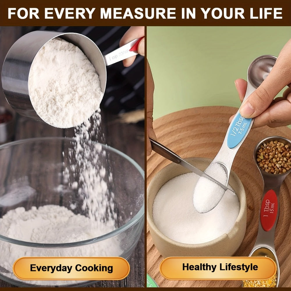Stainless Steel Measuring Cups and Spoons Set 17 Piece - 8 Measuring Cups, 8 Double-Sided Spoons & 1 Leveler for Baking, Cooking & Kitchen Use, Perfect Holiday Gift