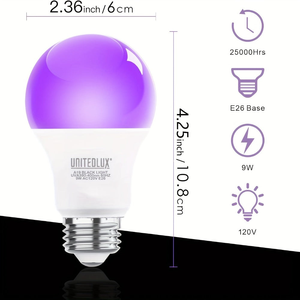 Black Light Bulbs 6 Pack A19 E26 LED UV Bulbs 9W 60W Equivalent 390-400nm UVA Glow in the Dark for Party Neon Poster Body Art Halloween Indoor Use 120V Shatterproof