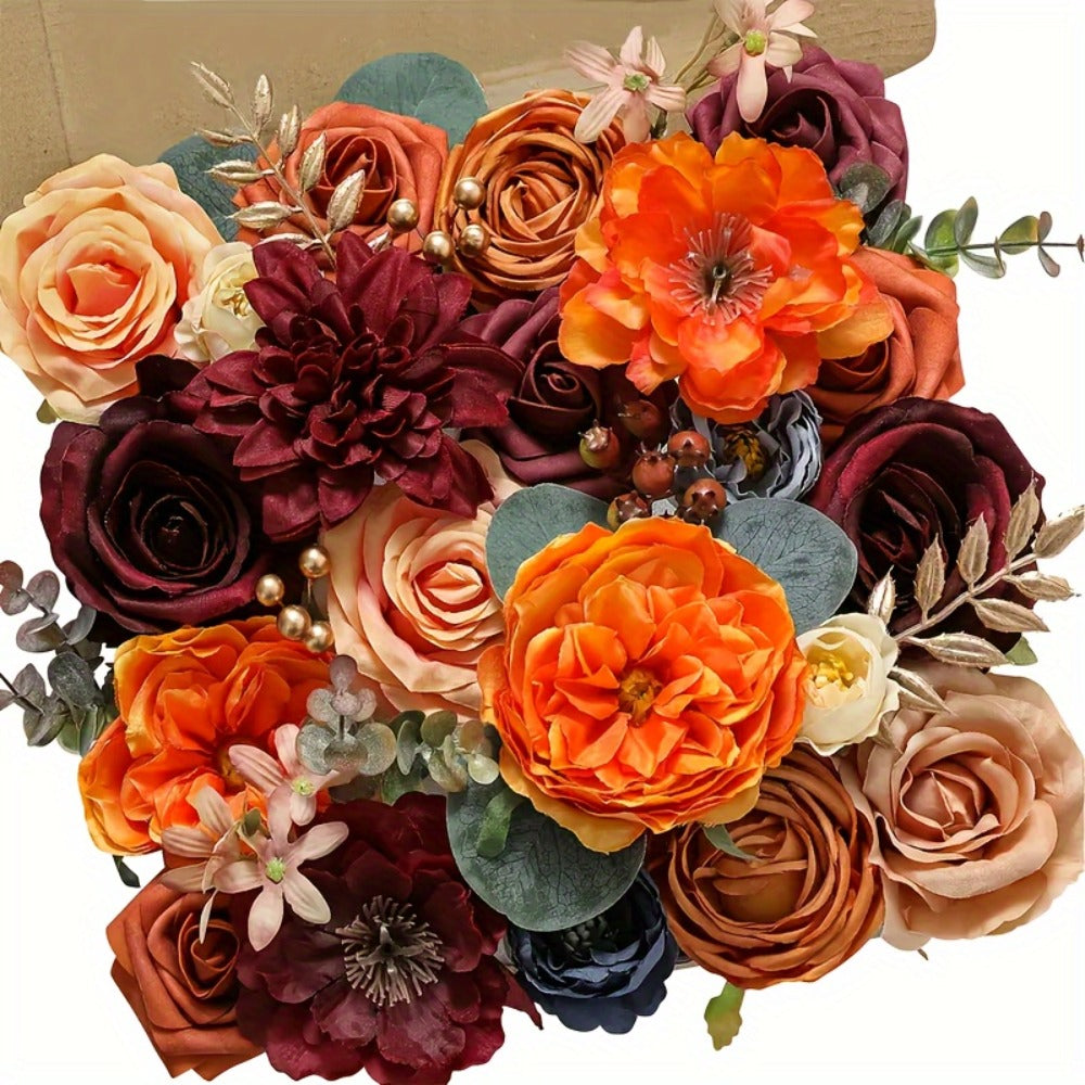 Artificial Flowers Bouquet Set ¨C Foam Roses for Wedding, Fall Halloween Valentine's Day Table Decor, Orange Wine Red Blue
