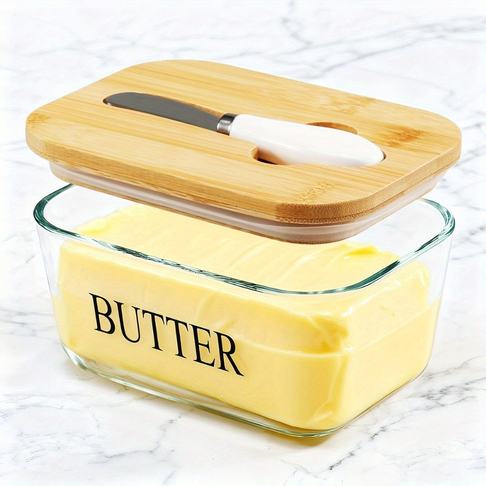 Glass Butter Dish with Lid and Knife ¨C 1lb Large Airtight Butter Keeper Clear Glass Countertop Butter Container for Refrigerator Door Shelf Kitchen Decor & Gift