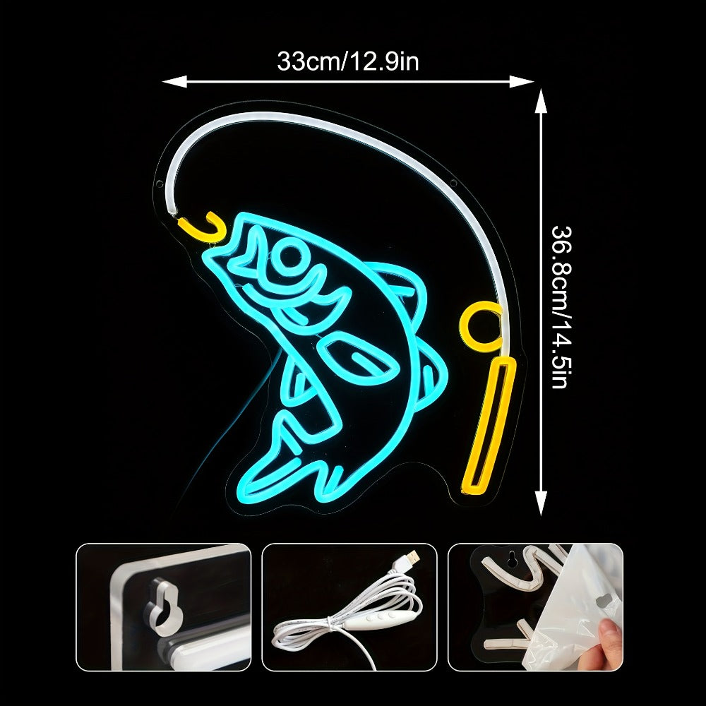 Fishing Neon Sign LED Wall Decor ¨C Dimmable Multicolor Go Fishing Hook Neon Light for Man Cave, Bedroom, Tackle Shop, Bar & Game Room, Fly Fishing Gift & Unique Wall Art