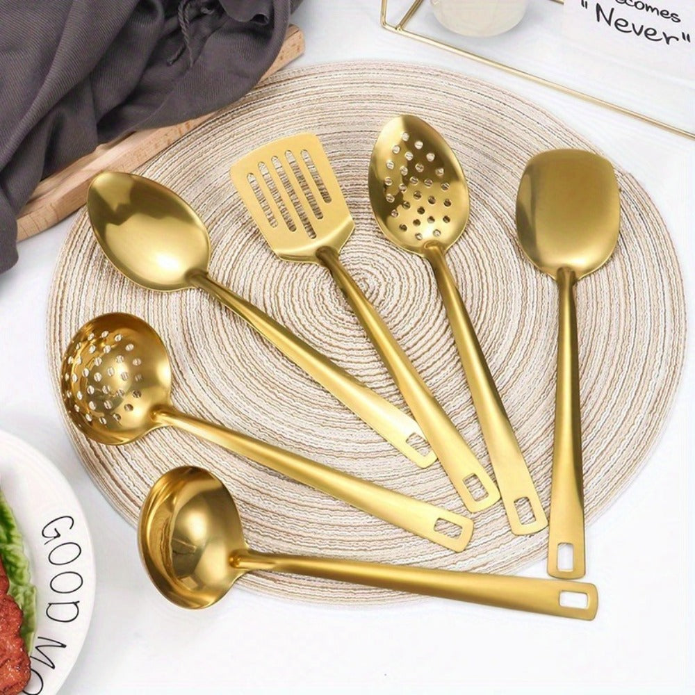 6 Piece Korean Style Stainless Steel Kitchen Utensil Set Cooking Spoons Spatula Ladle Strainer Hot Pot Clips for Cooking Buffet Restaurant