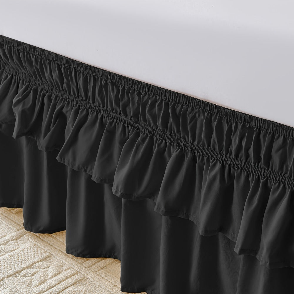 Double Ruffle Bed Skirt 16¡± Drop | Elastic Wrap Around Dust Ruffle for Twin Full Queen King Bed | Easy Install Machine Washable Soft Linen Poly Blend Bedskirt