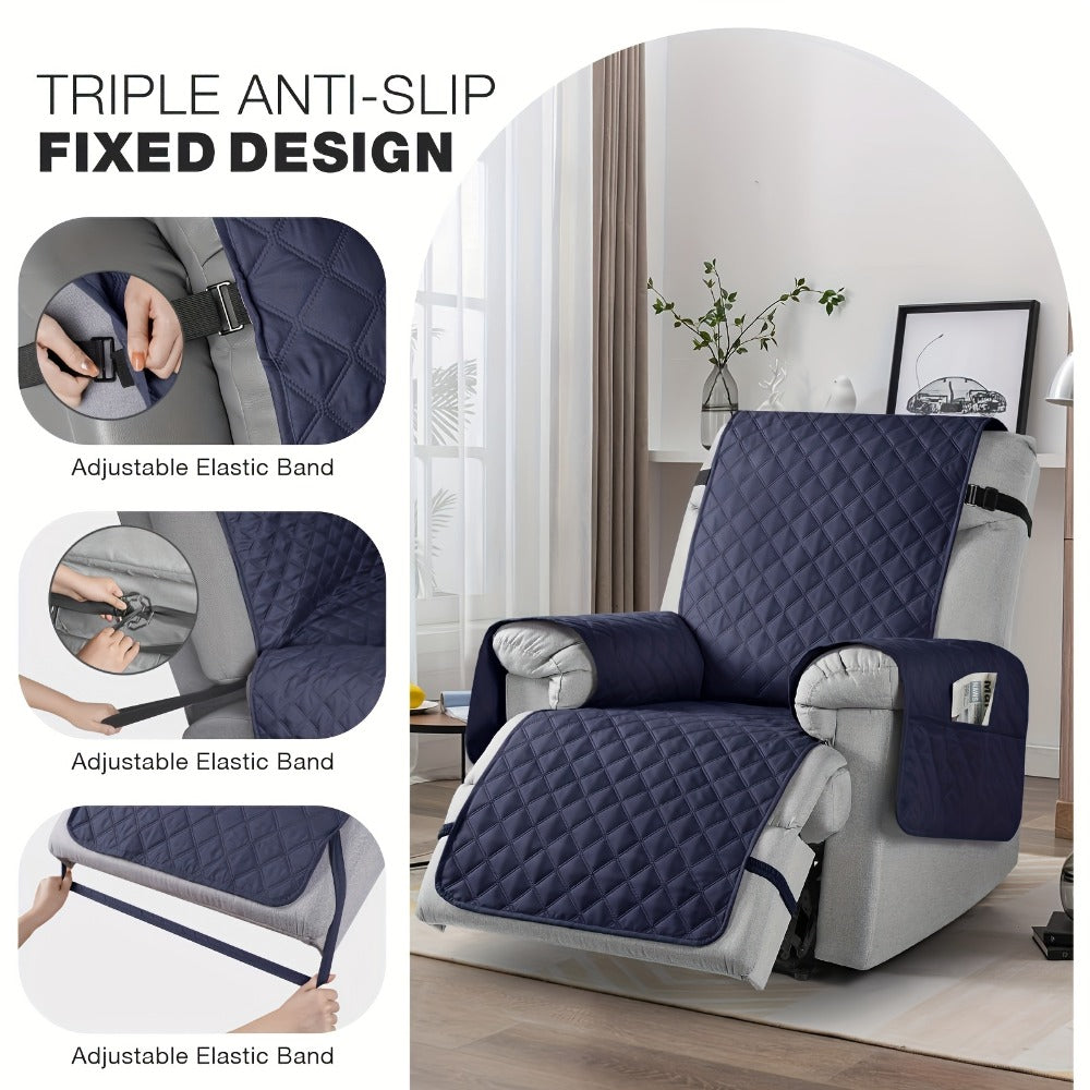 Waterproof Recliner Chair Cover with Pocket | Non-Slip Washable Reclining Sofa Protector for Dogs Cats, Adjustable Strap