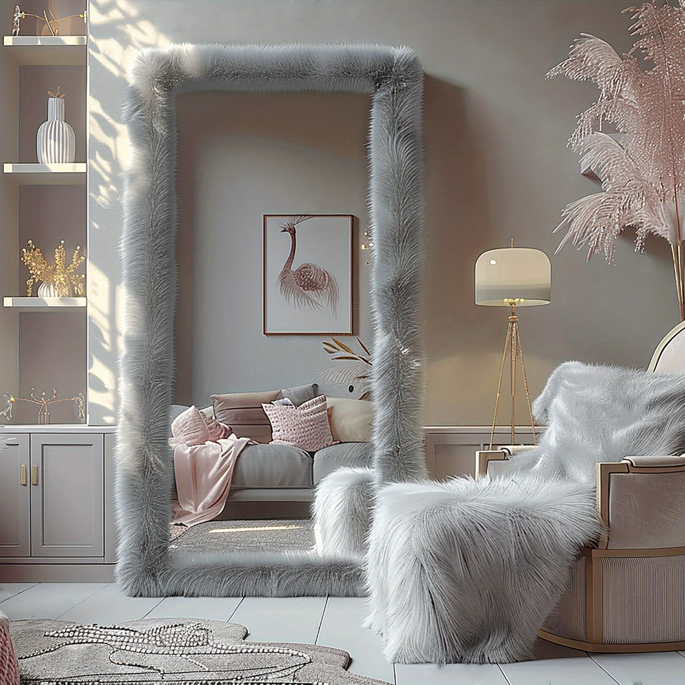 Full Length Mirror with Faux Fur Frame 24x63 Inch Leaning Floor Mirror for Bedroom Living Room Hallway Vanity Dressing Mirror Pink Gray White