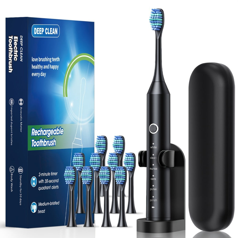 Rechargeable Toothbrush ¨C 6 Cleaning Modes, 500mAh Lithium Battery, USB Charging, Soft Bristles, 4 or 8 Brush Heads, Black White Pink Electric Toothbrush for Adults Deep Clean & Whitening