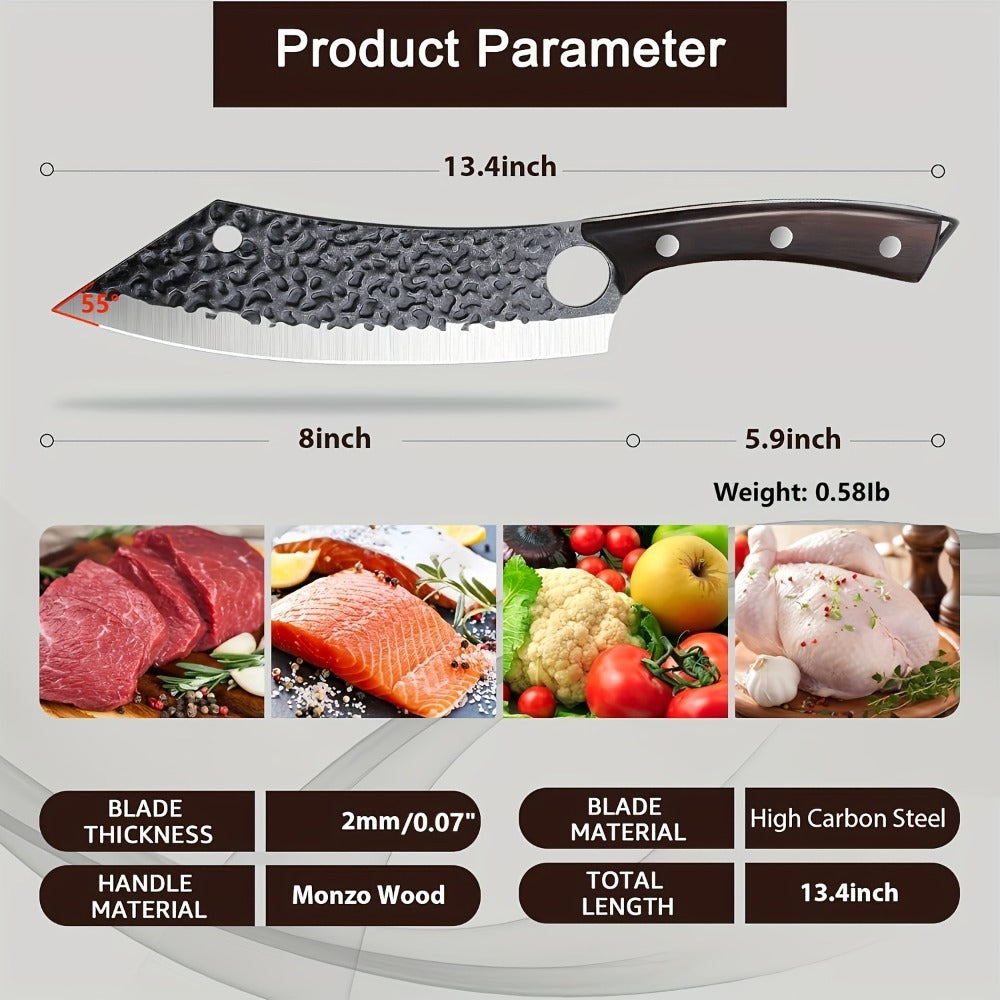 Butcher Knife 8 Inch Hand Forged High Carbon Steel Cleaver ¨C Meat & Vegetable Chopping Knife with Finger Hole, Wooden Handle