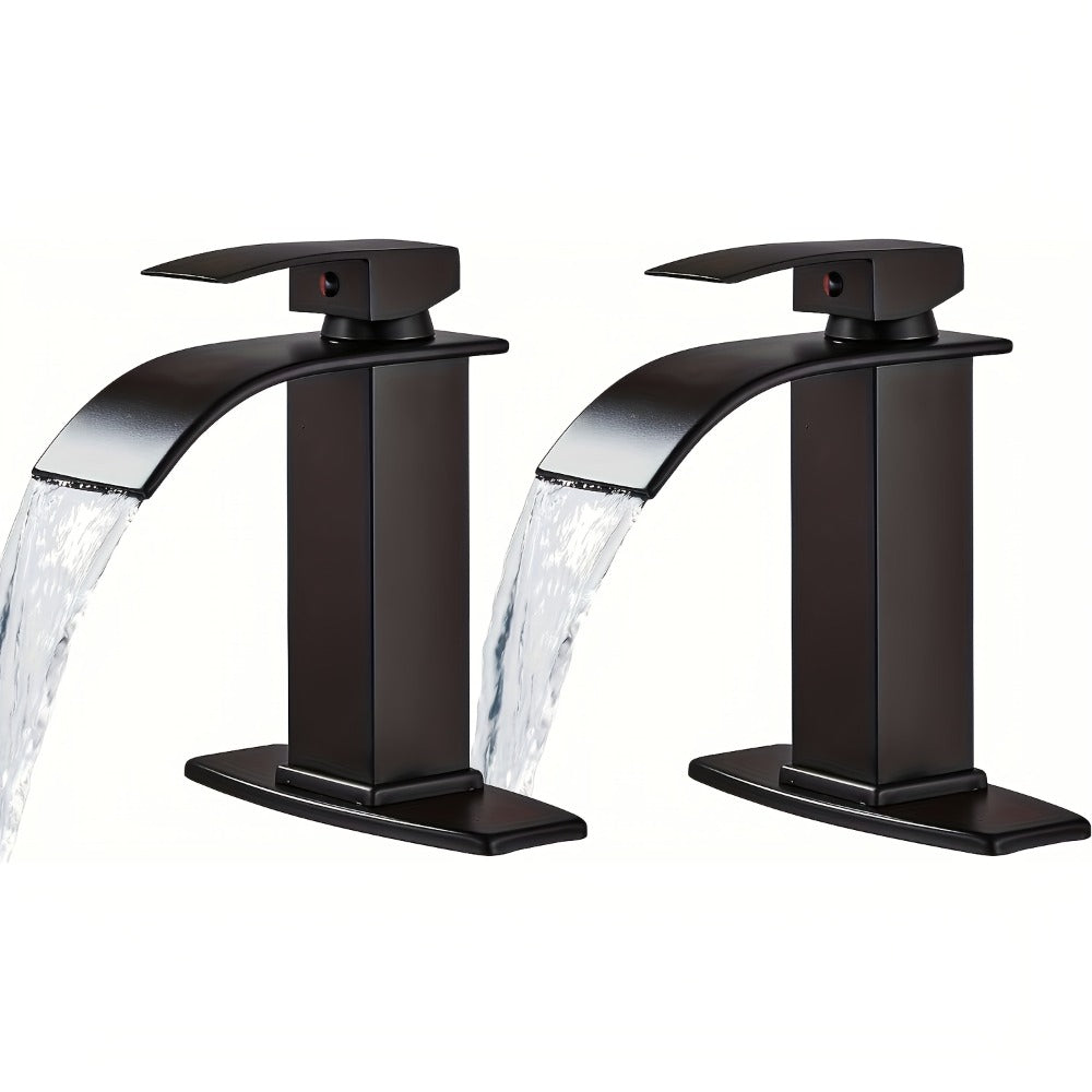 Waterfall Bathroom Sink Faucet, Single Hole or 3-Hole Mixer Tap with 6¡± Deck Plate, Ceramic Valve, Vanity Faucet for Farmhouse RV Bathroom, Brushed Gold Matte Black Nickel Chrome