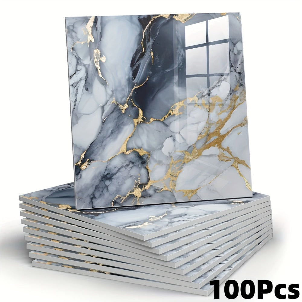 Peel and Stick Wall Tile Stickers Marble Pattern Self-Adhesive Waterproof Glossy Wallpaper 50/100Pcs for Kitchen Bathroom Living Room Home Decor