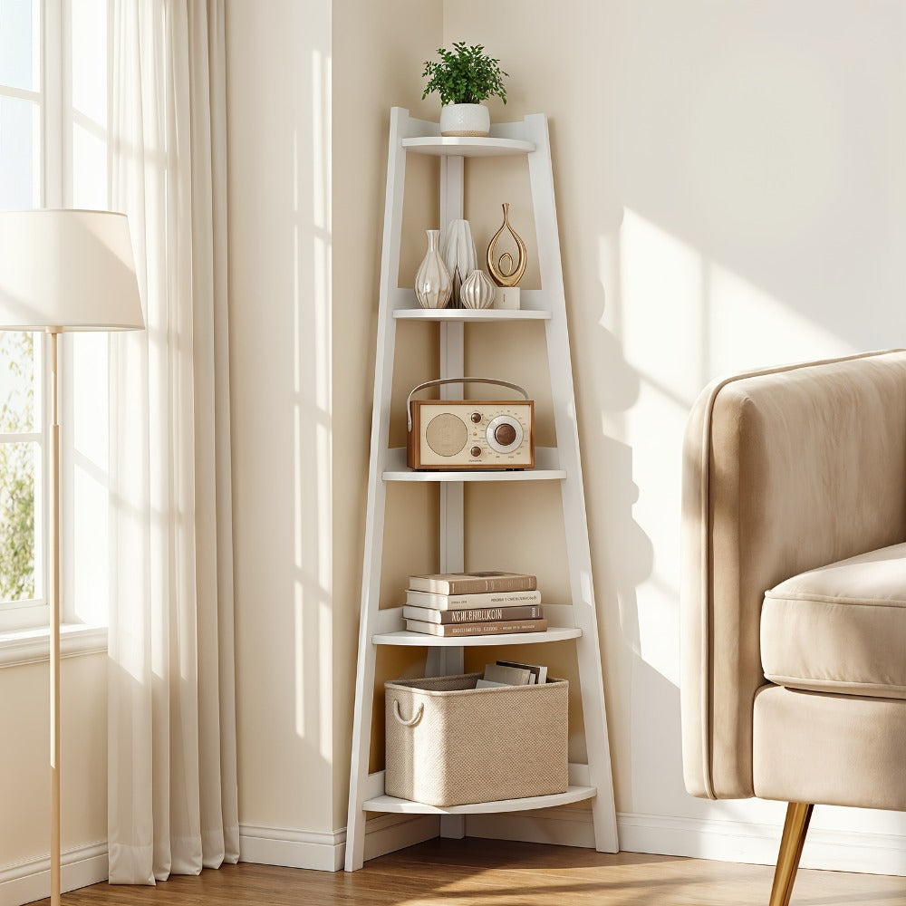 Corner Shelf 5-Tier Scandinavian Storage Cabinet ¨C Space-Saving Vertical Organizer with Baskets, Shelves & Drawer, Modern Plastic Corner Rack for Home, Study, Balcony & Bathroom (White)