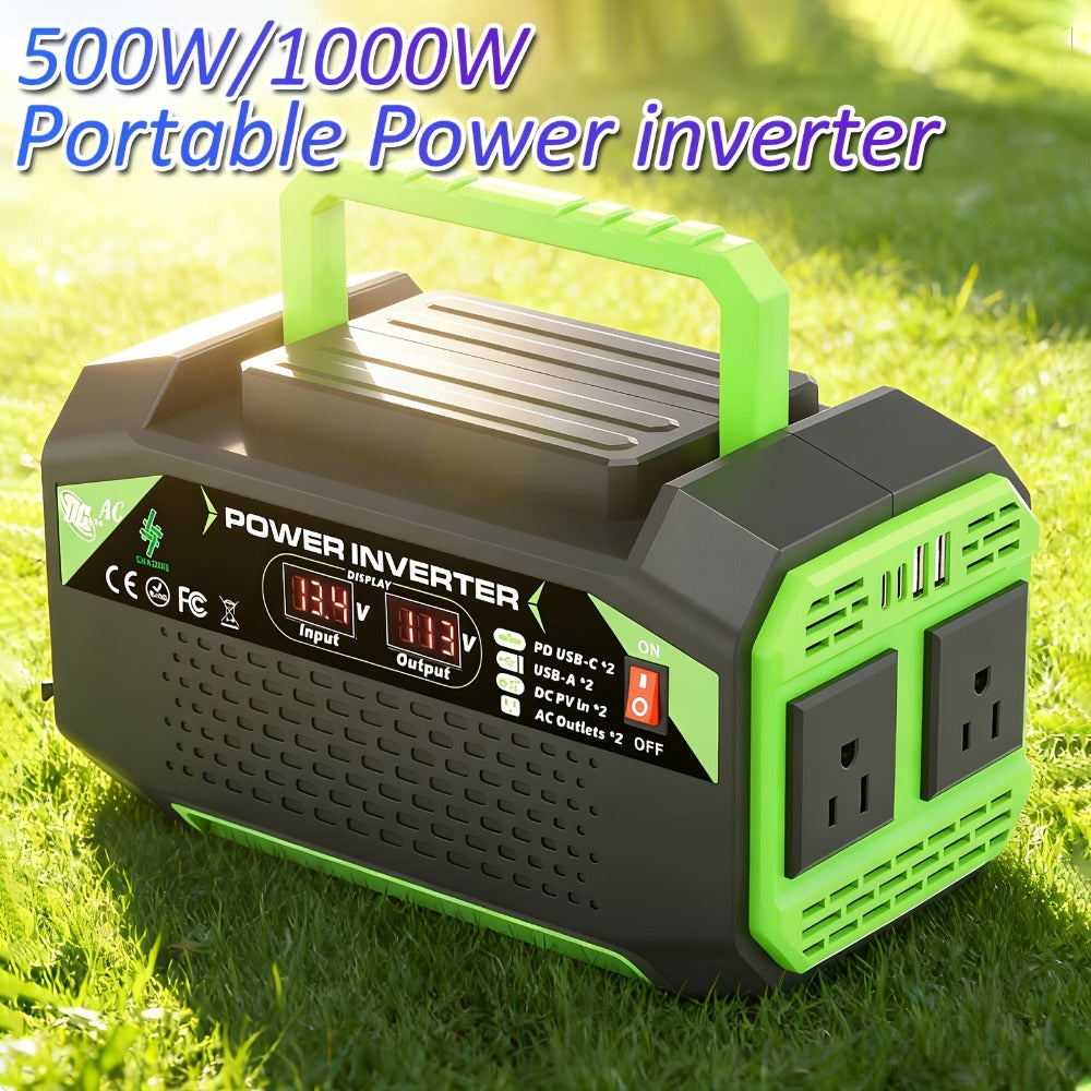 Power Inverter 500W/1000W DC 12V to AC 110V - Car Power Converter with LCD Display, 2 AC Outlets, 2 USB Ports & 2 Type-C, for Home, Car, RV, Camping & Outdoor Emergency Power