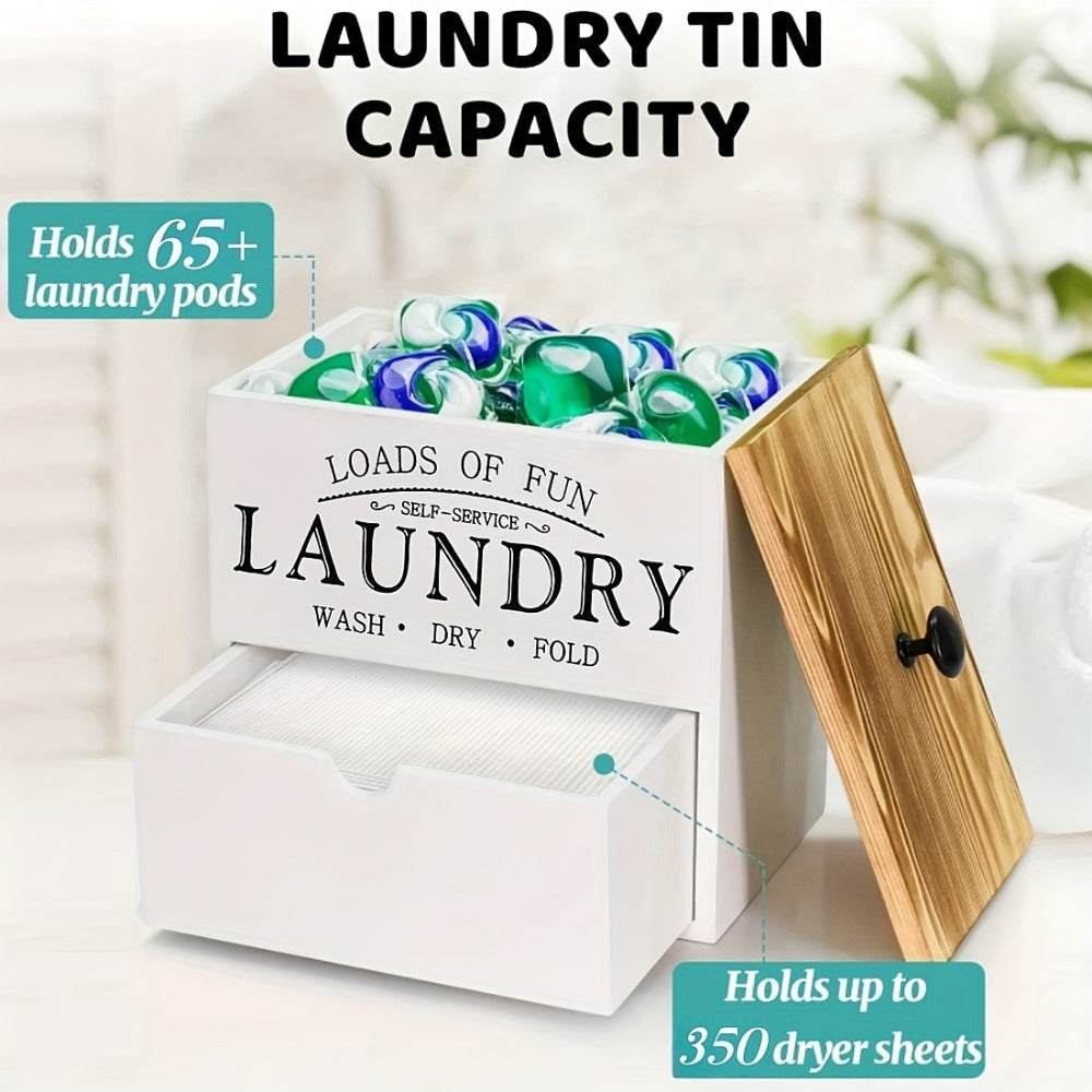 Dryer Sheet Holder with Drawer & Lid | Farmhouse Wood Laundry Pod Dispenser | Wall Mount or Countertop Organizer for Laundry Room Storage, Black & White