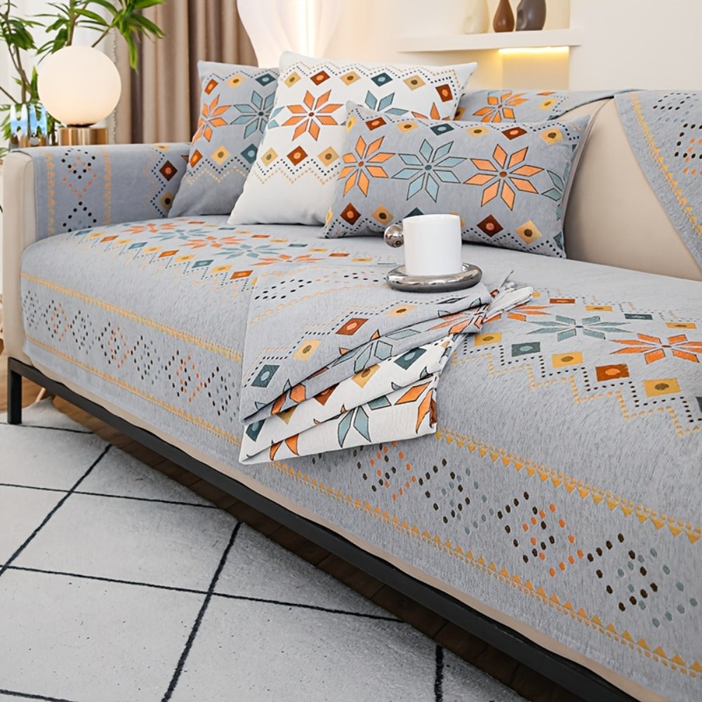 Chenille Sofa Cover Bohemian Style Jacquard Knit Anti-Slip Pet Friendly All Season Sofa Mat Protector - Single 2 3 4 Seater Armrest Backrest Pillow Case Grey White Yellow