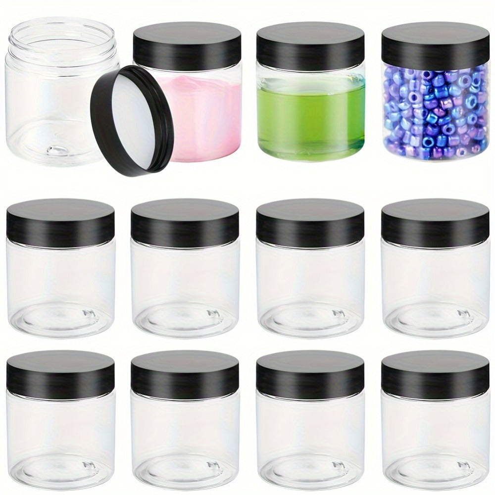 Clear Plastic Jars with Lids 4oz Set of 12 - Leakproof Food Storage Containers with Black Lids for Spice, Honey, Candy, Slime