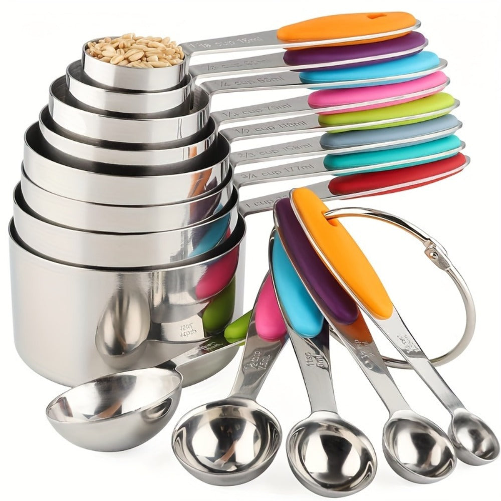 Stainless Steel Measuring Cups and Spoons Set 5pcs with Silicone Handle - Baking & Cooking Kitchen Measurement Tools