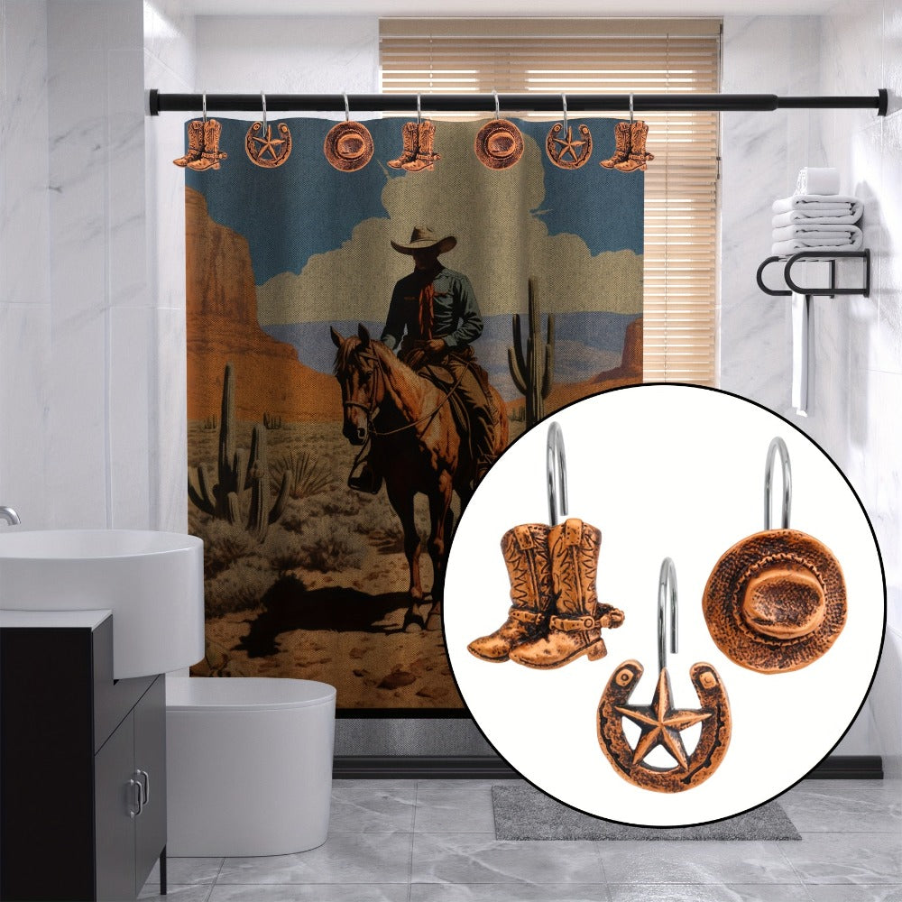 Shower Curtain Hooks Western Cowboy Farmhouse Style - 12 Pack Vintage Metal Resin Bathroom Accessories with Horse Boots Hats Star Patterns