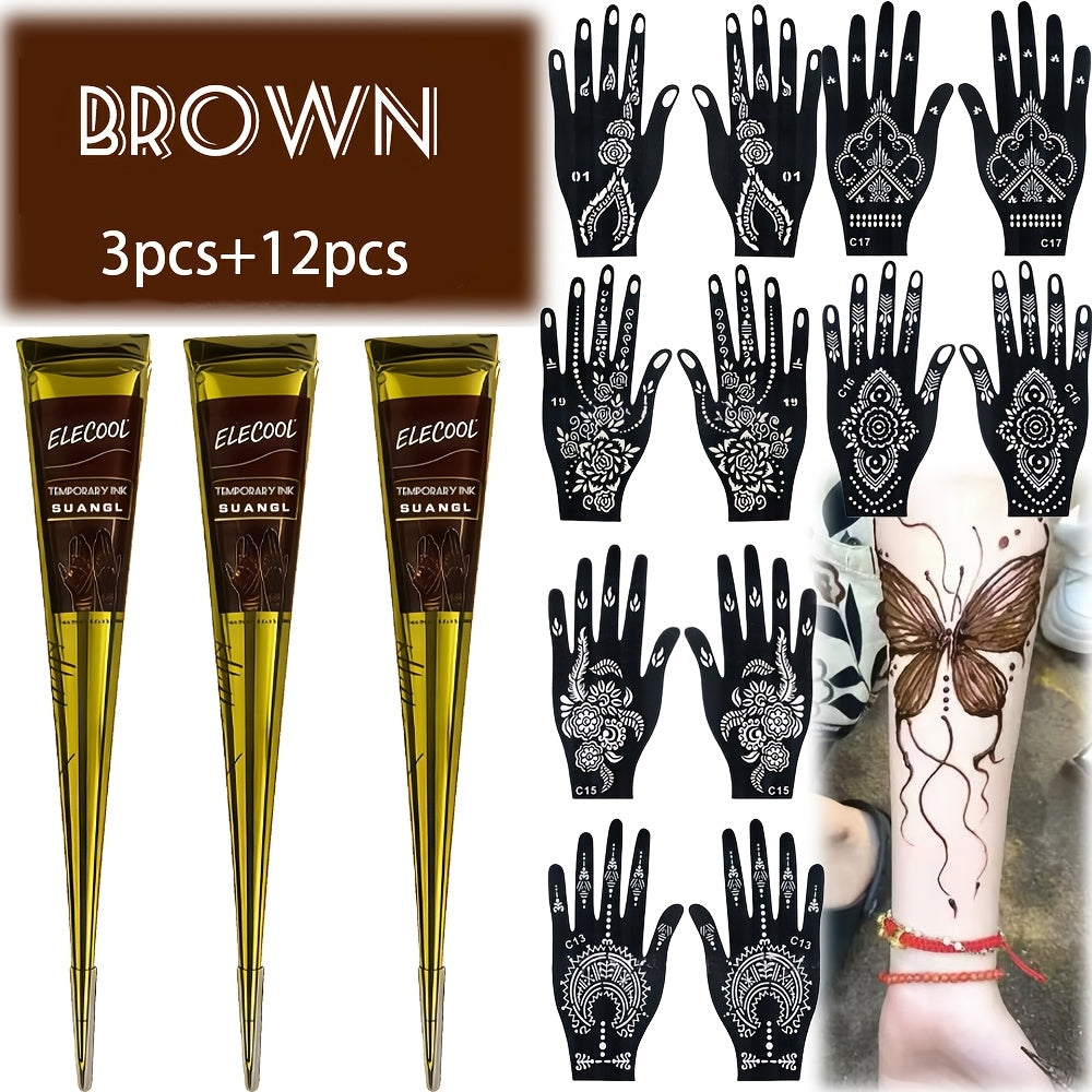 Temporary Semi-Permanent Tattoo Paste Kit - Waterproof Body Art Gel in Brown & Black with Tattoo Templates, Safe Non-Irritating Henna-Style Ink for Parties, Festivals, Cosplay & Daily Decoration