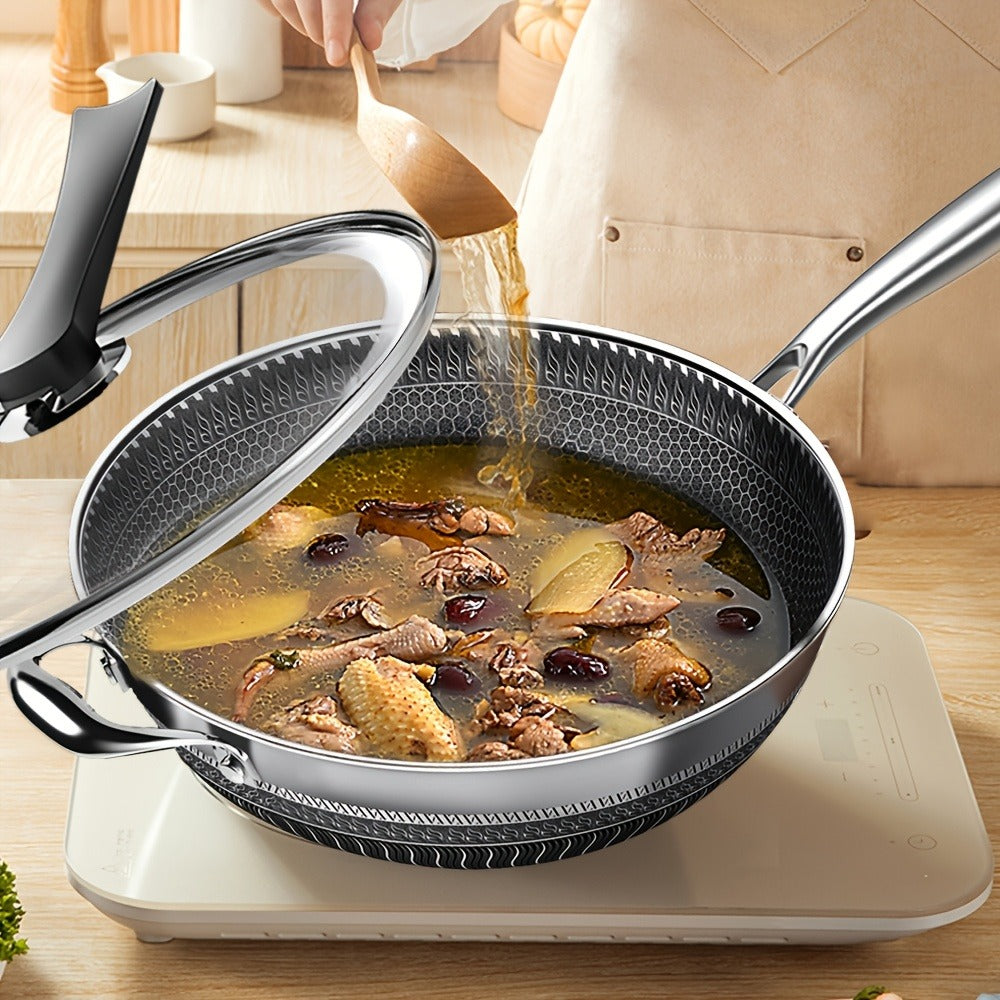 Stainless Steel Wok Set 13.3 Inch Non-stick Honeycomb Design with Lid & 2 Cookware Accessories ¨C Induction Compatible Cooking Pan for Electric Ceramic Gas Stove, Dishwasher Safe