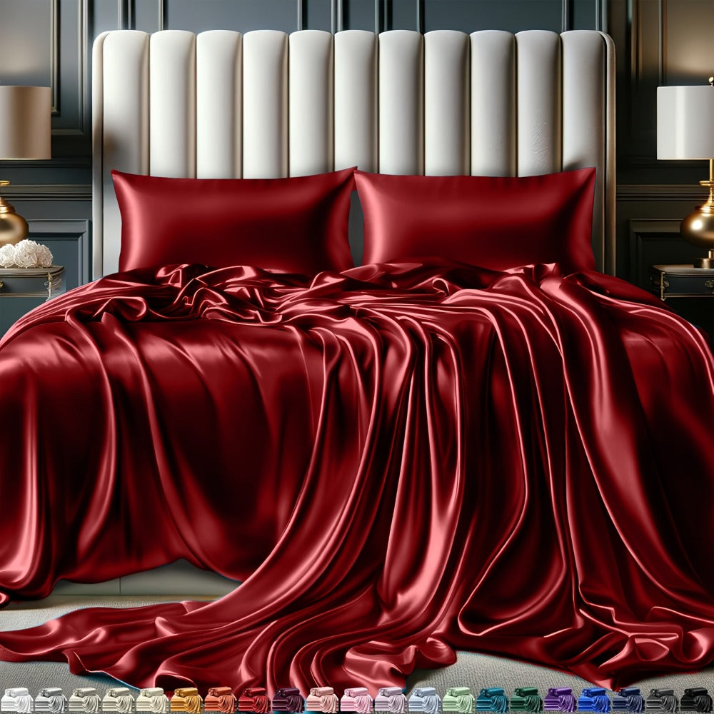 Satin Sheet Set 4 Piece Luxury Silky Smooth Soft Microfiber 15 Inch Deep Pocket Good for Hair Skin Double Stitching Wrinkle Free Twin Full Queen King