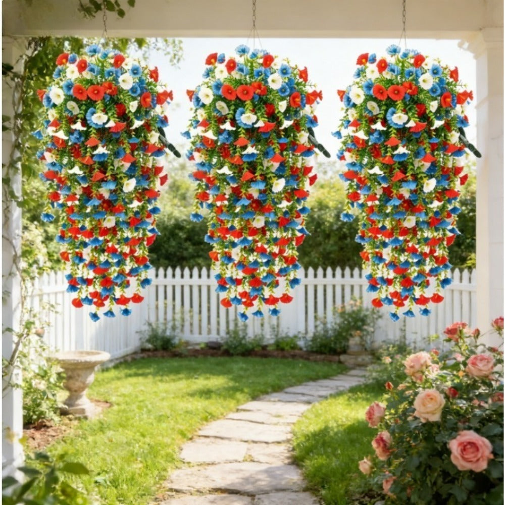 Artificial Hanging Morning Glory Flowers 6pcs - Red White Blue Fake Flower Vines for Home Garden Outdoor Indoor Decor, Independence Day Memorial Day Decoration, No Maintenance Plastic Blooms