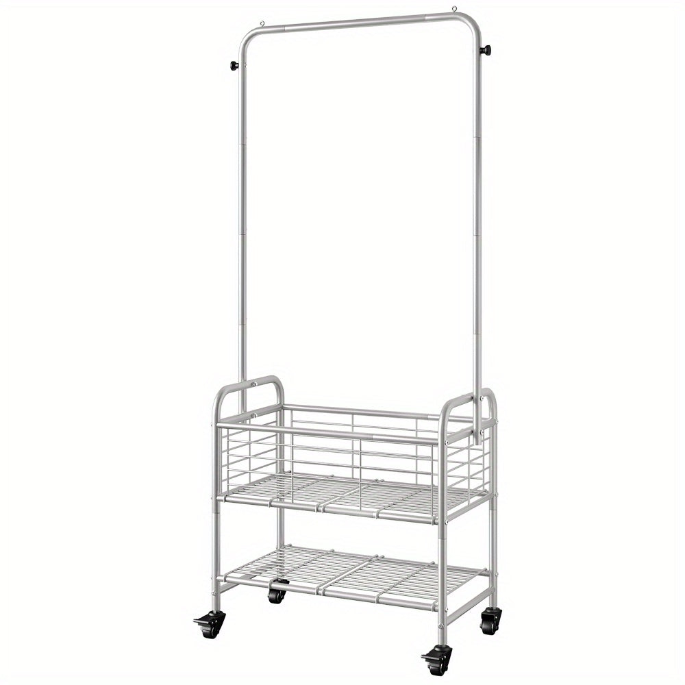 Rolling Laundry Basket with Wheels and Hanging Rack, Laundry Sorter Cart with Shelf and Locking Casters, Heavy Duty Steel Frame, Multifunctional Clothes Hamper for Laundry Room Bedroom Bathroom, White Black Silver