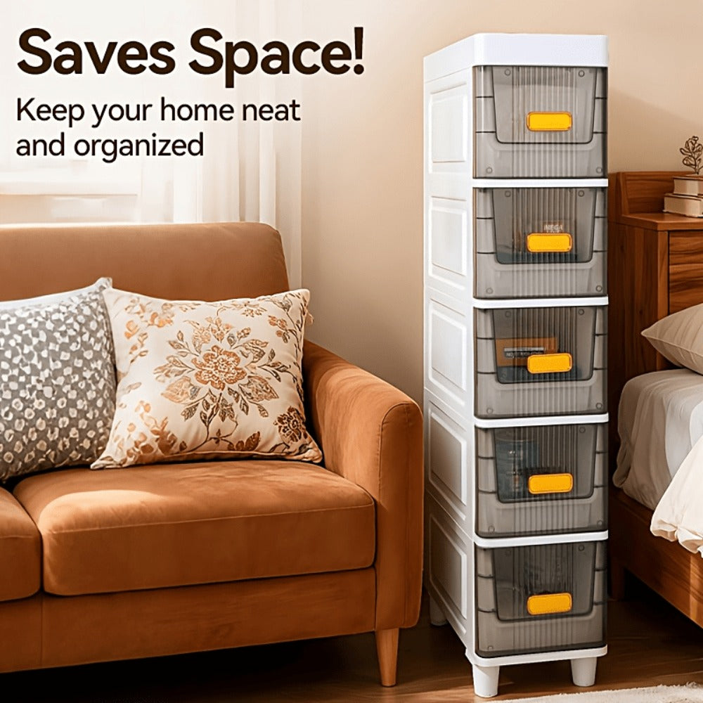 Slim Storage Cabinet with Drawers & Wheels - Waterproof PP Bathroom Kitchen Organizer, 3-5 Layer Tower Unit for Small Spaces