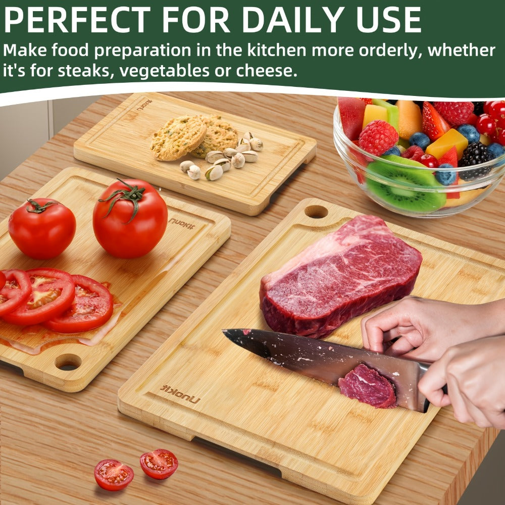 Wood Cutting Board Set of 3 Natural Wooden Chopping Boards with Juice Groove & Non-Slip Edges ¨C Reversible Design for Meat BBQ Home Kitchen Restaurant Holiday Gift