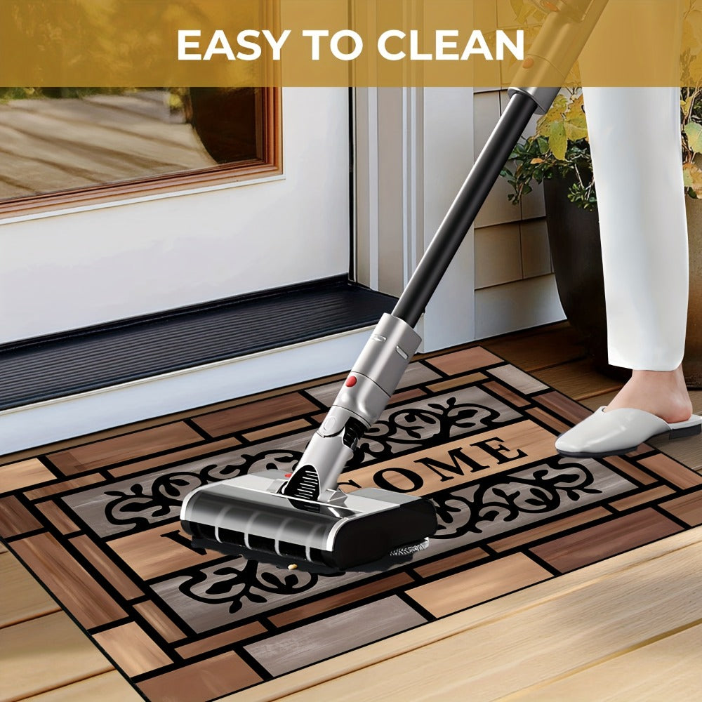 Welcome Doormat Wood Pattern - Non-Slip Entrance Mat with Polypropylene Backing | Indoor Outdoor Floor Mat for Front Door, Entryway & Home Decor | Durable Anti-Slip Door Rug in 2 Sizes