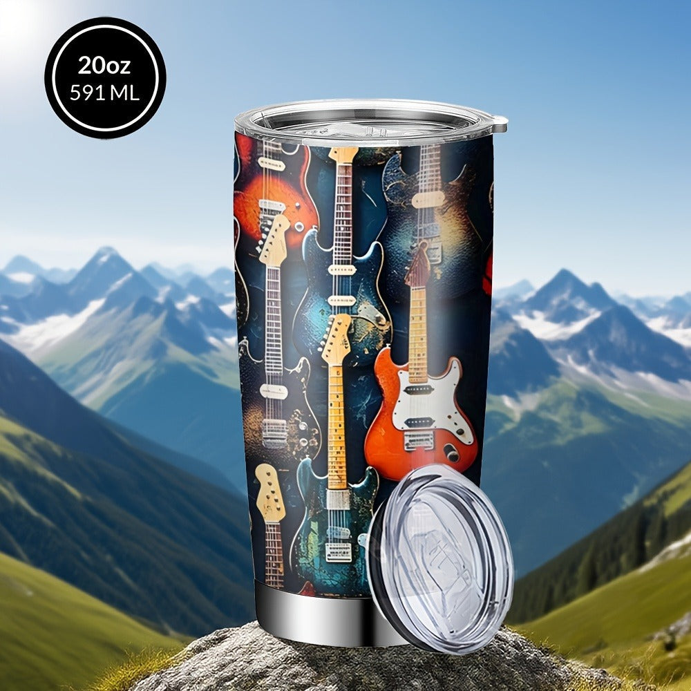 Insulated Tumbler 20oz Guitar Pattern Stainless Steel Travel Mug with Lid and Straw Double Wall Vacuum Coffee Cup Water Bottle for Hot Cold Drinks Gift for Music Lover Birthday Graduation Valentine White
