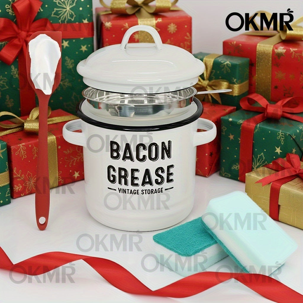 Bacon Grease Container with Lid, Large Capacity Grease Storage Can with Heat-Resistant Filter, Silicone Spatula & Cleaning Sponge Set, Flip-Top Oil Holder for Kitchen Household Use