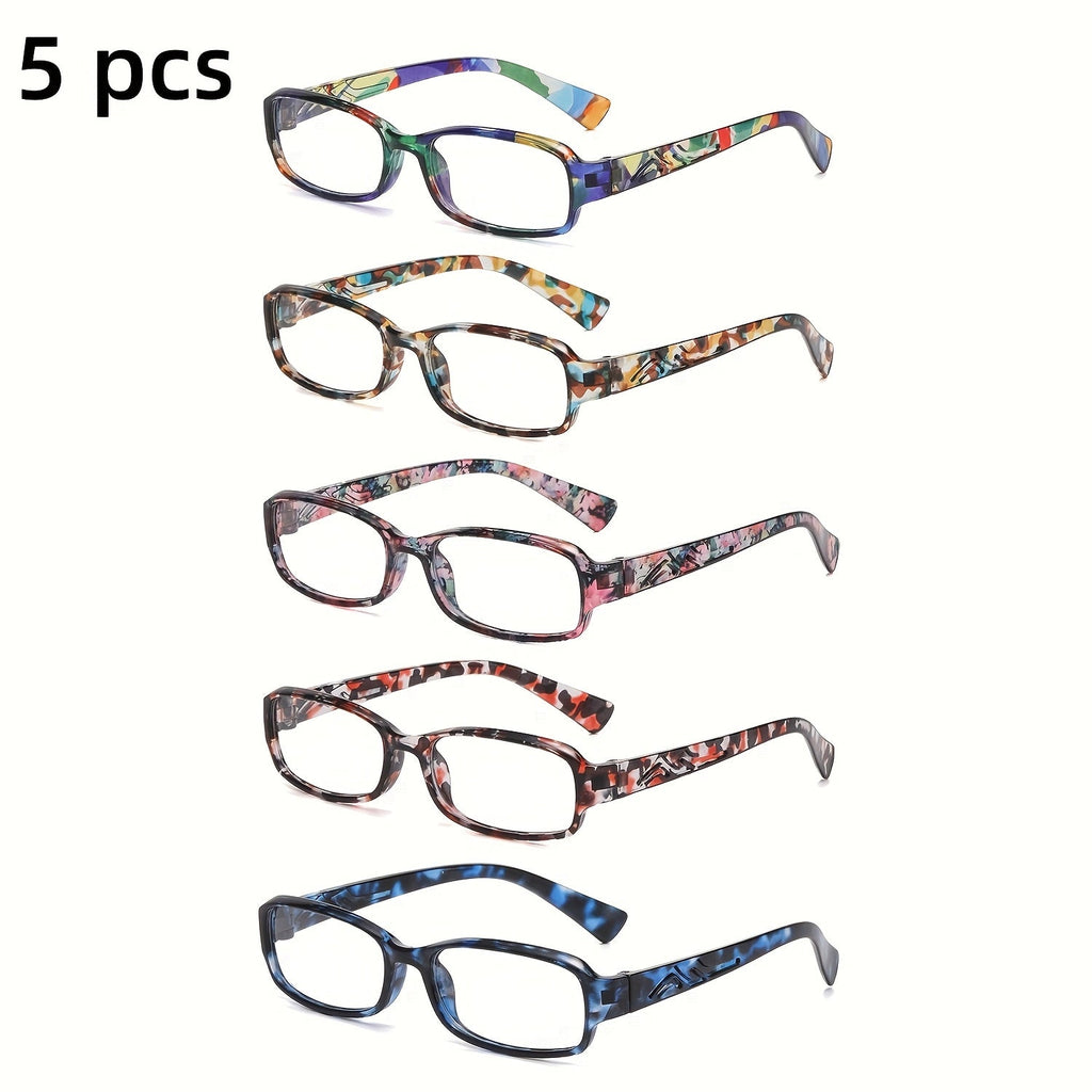 Reading Glasses 5 Pairs Square Fashion Printed Multicolor Frames Men Women 1.0X-4.0X Magnification High Definition Lenses Daily Office Use