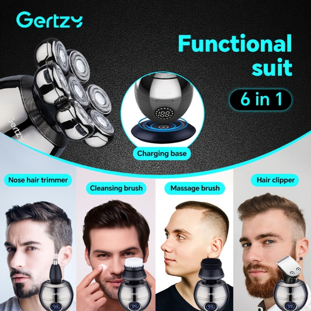 Electric Head Shaver for Bald Men 5-in-1 Grooming Kit with Rotary Blades, Hair Clipper, Nose Trimmer, Cleaning Brush & Scalp Massager ¨C Cordless Rechargeable Skull Shaver, Silver & Gold